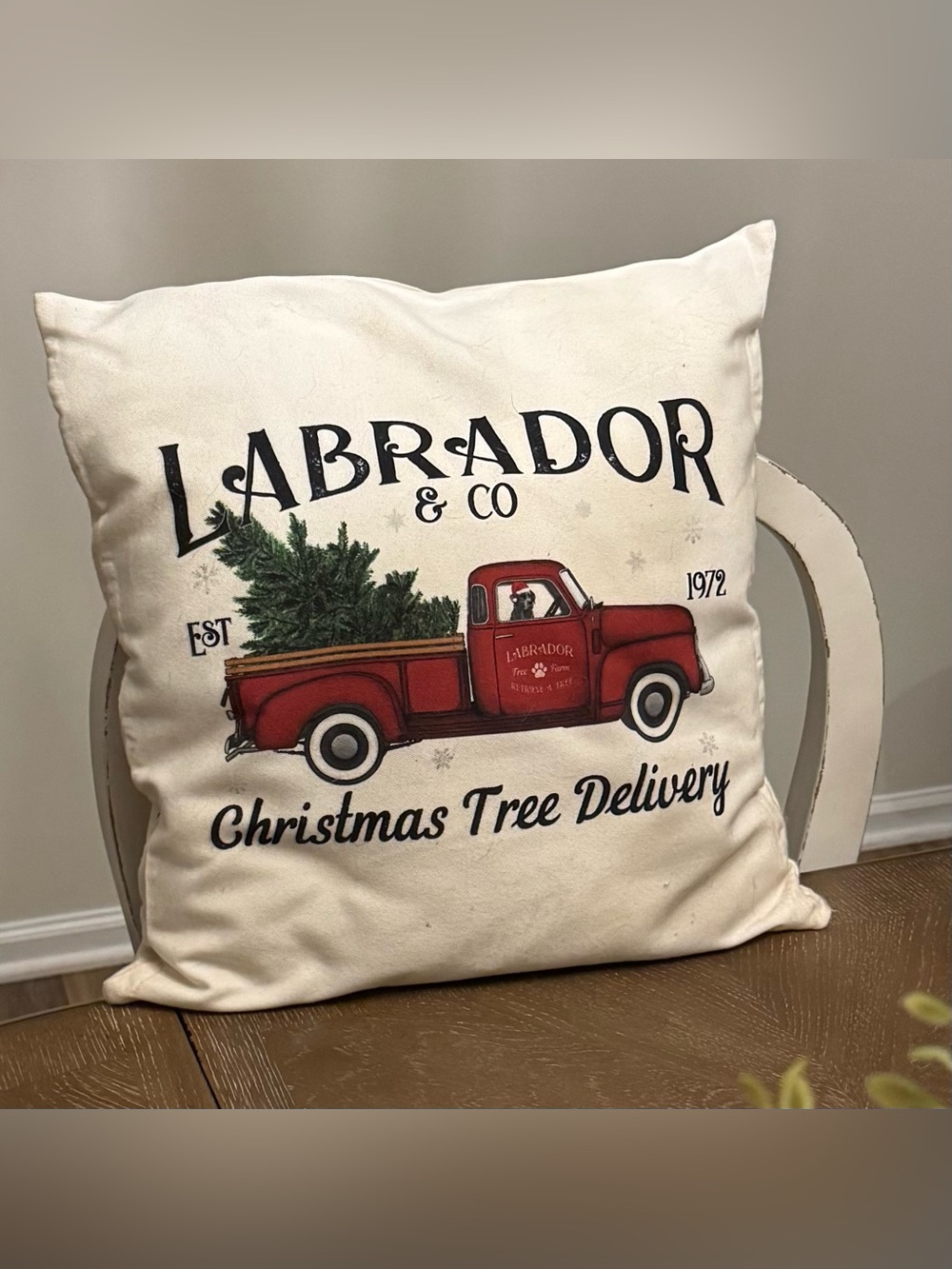 Christmas Pillow - Tree Delivery, Labrador, Red Truck. Like New!